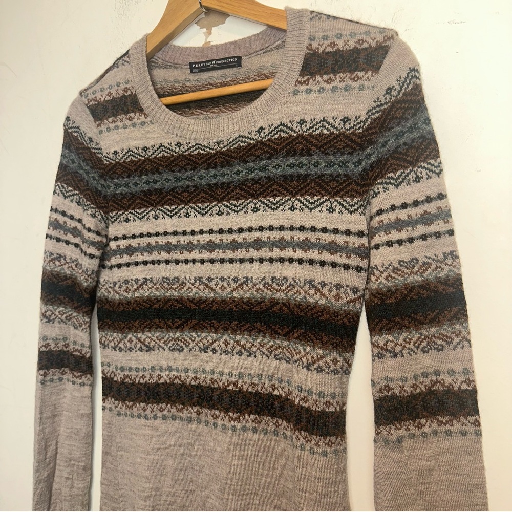 Peruvian Connection Sweater Dress Baby Alpaca Blend Fair Isle Peasant Boho Brown
